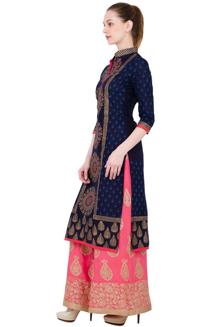 Navy blue printed cotton long kurtis