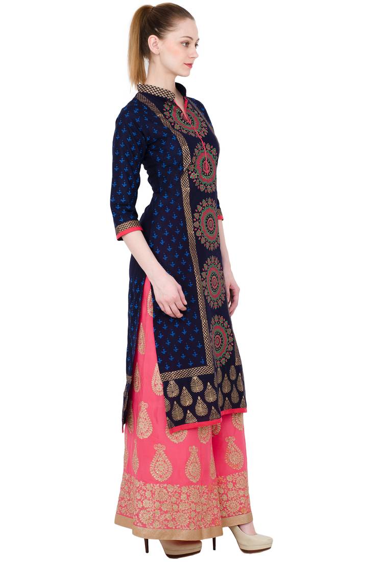 Navy blue printed cotton long kurtis