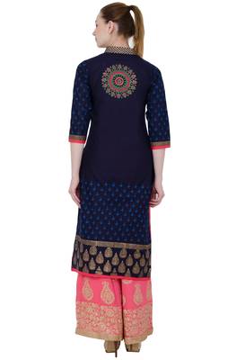 Navy blue printed cotton long kurtis 4