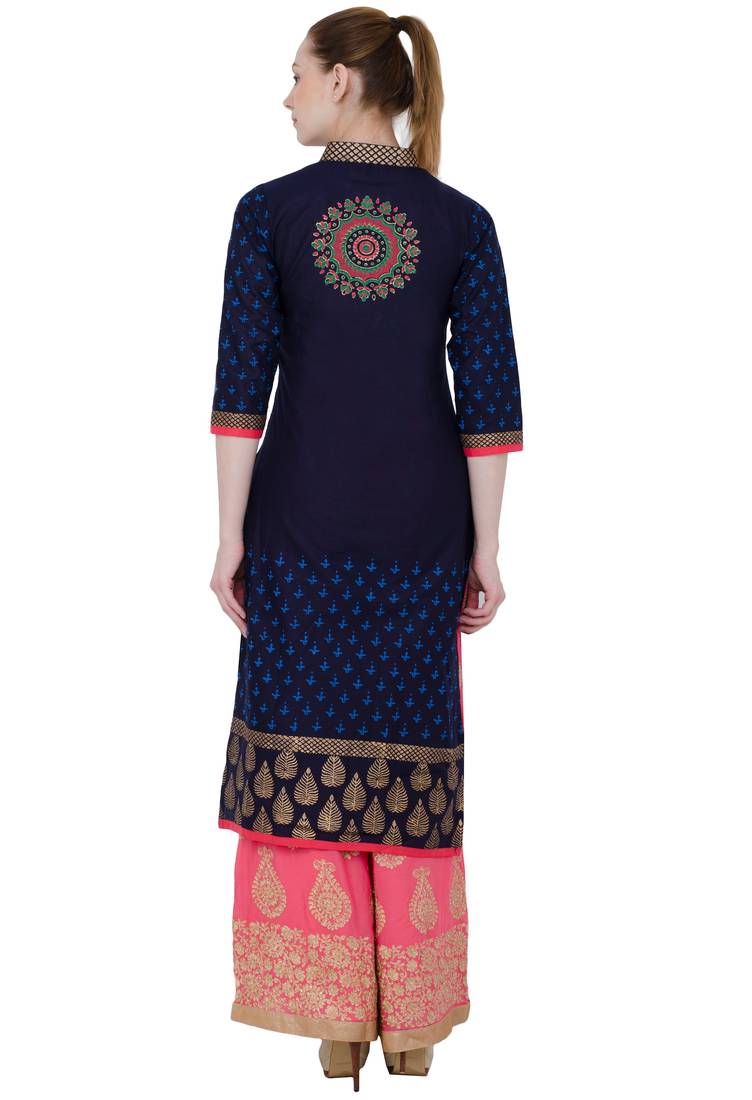 Navy blue printed cotton long kurtis