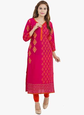 Pink printed cotton long kurtis 1