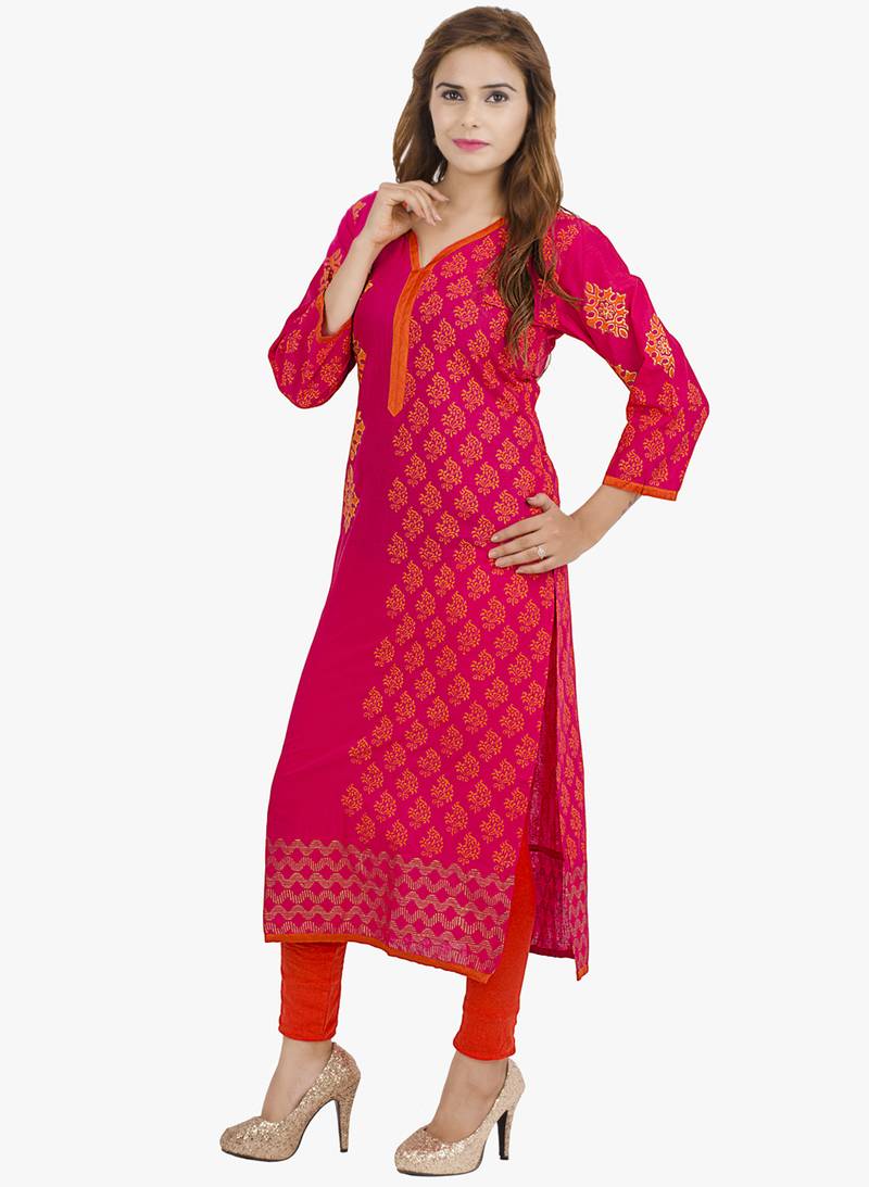 Pink printed cotton long kurtis