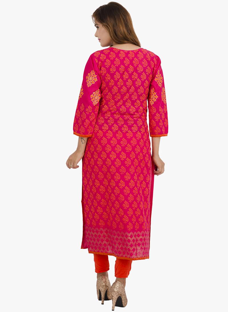 Pink printed cotton long kurtis