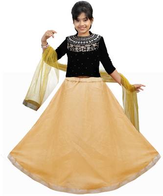 Gold Dupian Silk Hand Embroidery Kids Stitched Lehenga With Dupatta 1