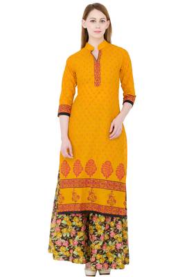 Yellow printed cotton long kurtis 1
