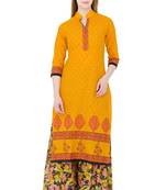 Yellow printed cotton long kurtis