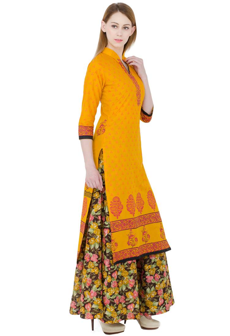 Yellow printed cotton long kurtis