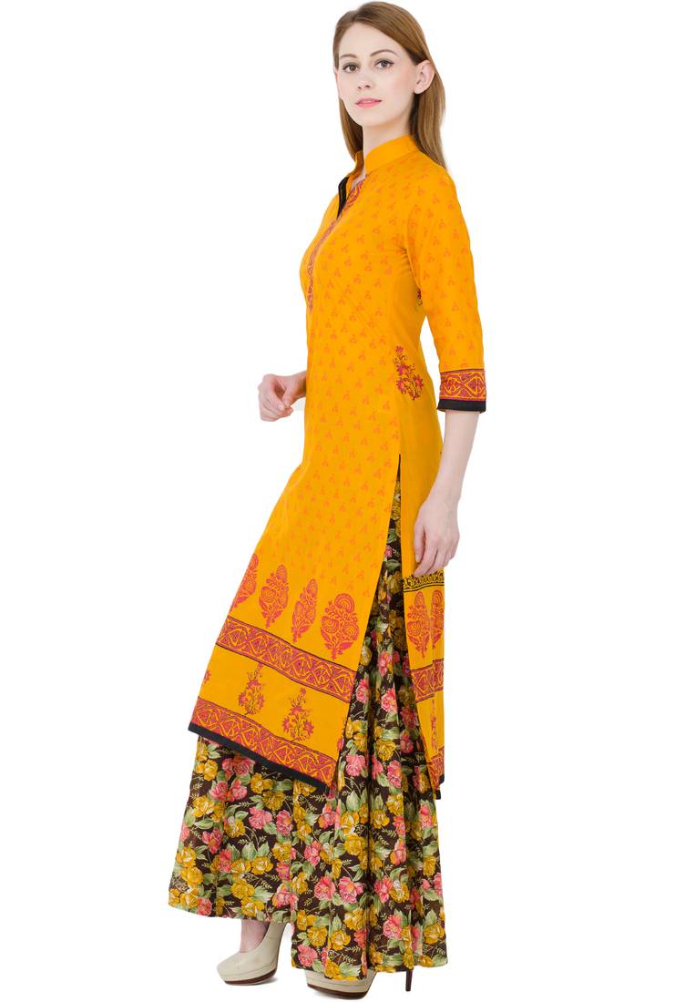 Yellow printed cotton long kurtis