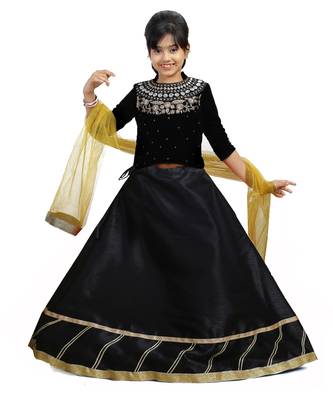 Black Dupian Silk Hand Embroidery Kids Stitched Lehenga With Dupatta 1