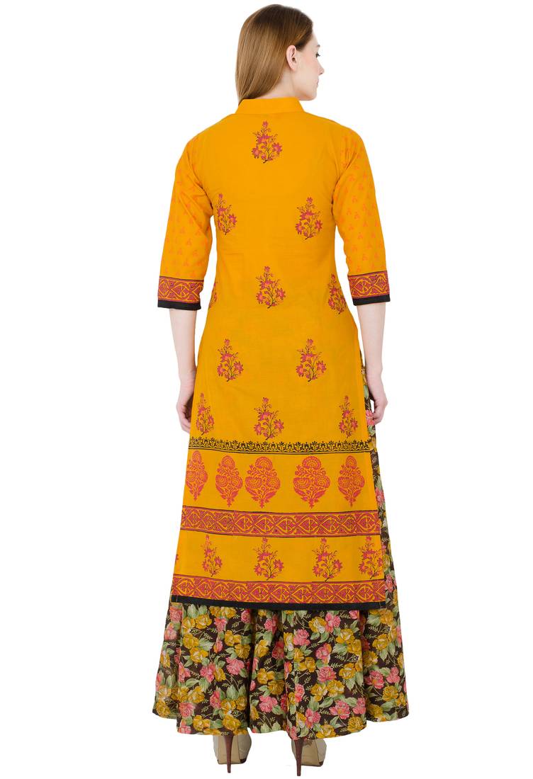 Yellow printed cotton long kurtis