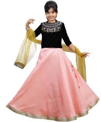 Pink Dupian Silk Hand Embroidery Kids Stitched Lehenga With Dupatta 1