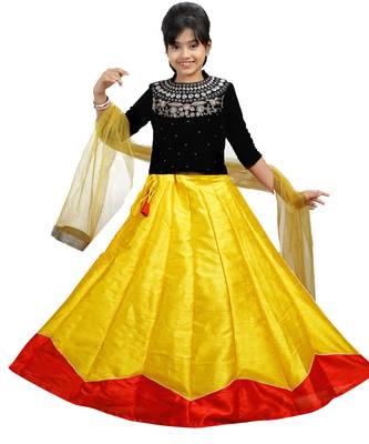 Yellow And Red Dupian Silk Hand Embroidery Kids Stitched Lehenga With Dupatta 1