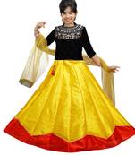 Yellow And Red Dupian Silk Hand Embroidery Kids Stitched Lehenga With Dupatta