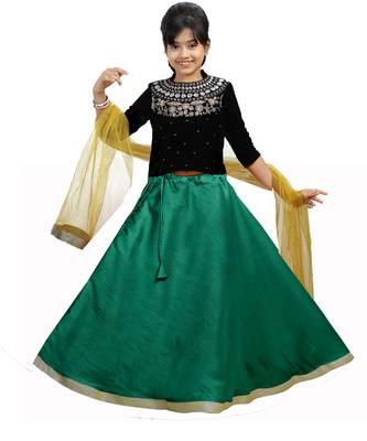 Green Dupian Silk Hand Embroidery Kids Stitched Lehenga With Dupatta 1