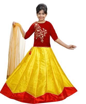 Yellow And Red Dupian Silk Hand Embroidery Kids Stitched Lehenga With Dupatta 1