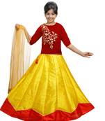 Yellow And Red Dupian Silk Hand Embroidery Kids Stitched Lehenga With Dupatta