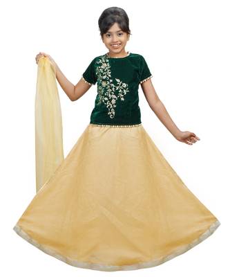Gold Dupian Silk Hand Embroidery Kids Stitched Lehenga With Dupatta 1