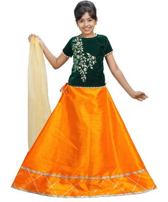 Orange Dupian Silk Hand Embroidery Kids Stitched Lehenga With Dupatta 1