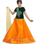 Orange Dupian Silk Hand Embroidery Kids Stitched Lehenga With Dupatta