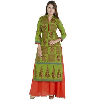 Green printed cotton long kurtis 1