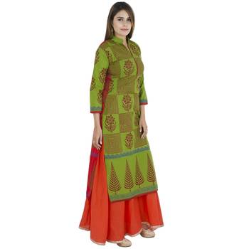 Green printed cotton long kurtis 2