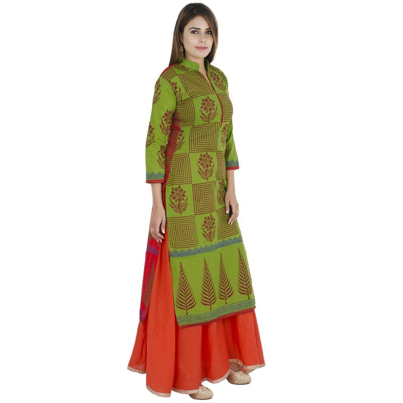 Green printed cotton long kurtis