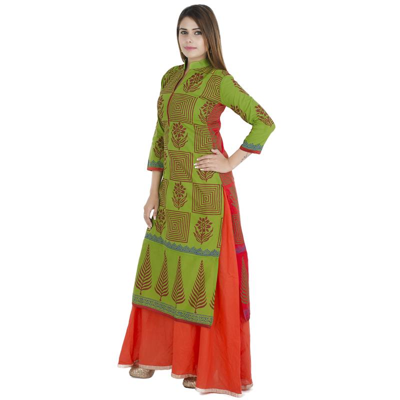 Green printed cotton long kurtis