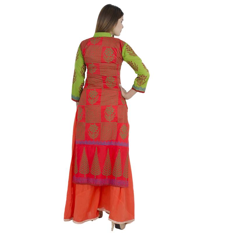 Green printed cotton long kurtis