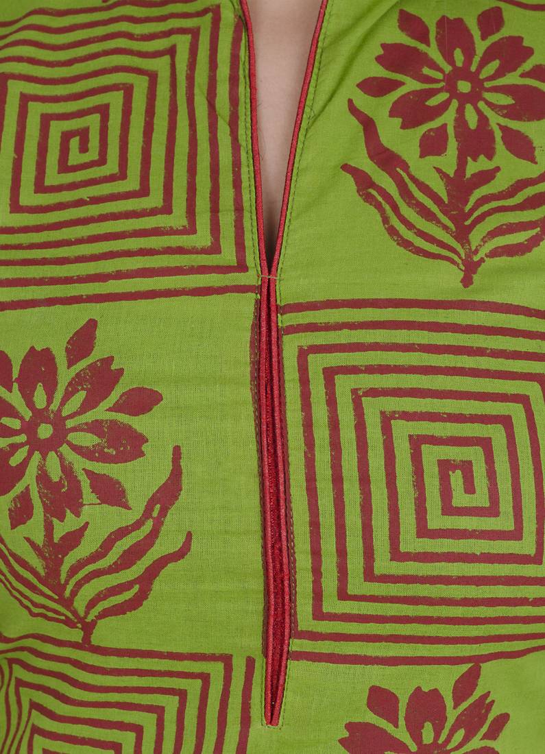 Green printed cotton long kurtis