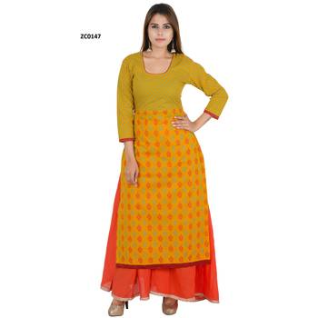 Yellow printed cotton long kurtis 1