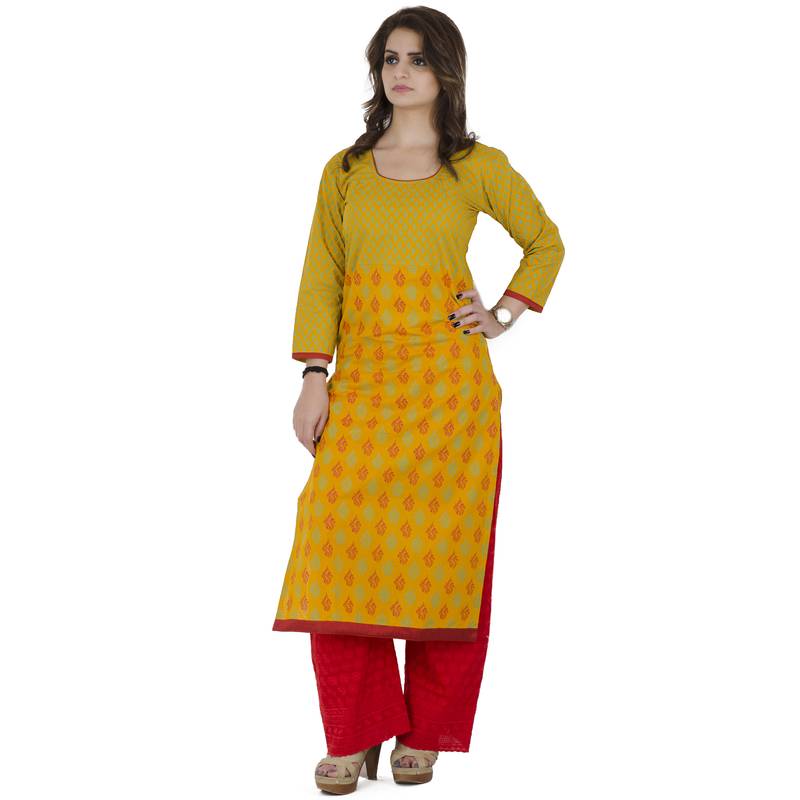 Yellow printed cotton long kurtis