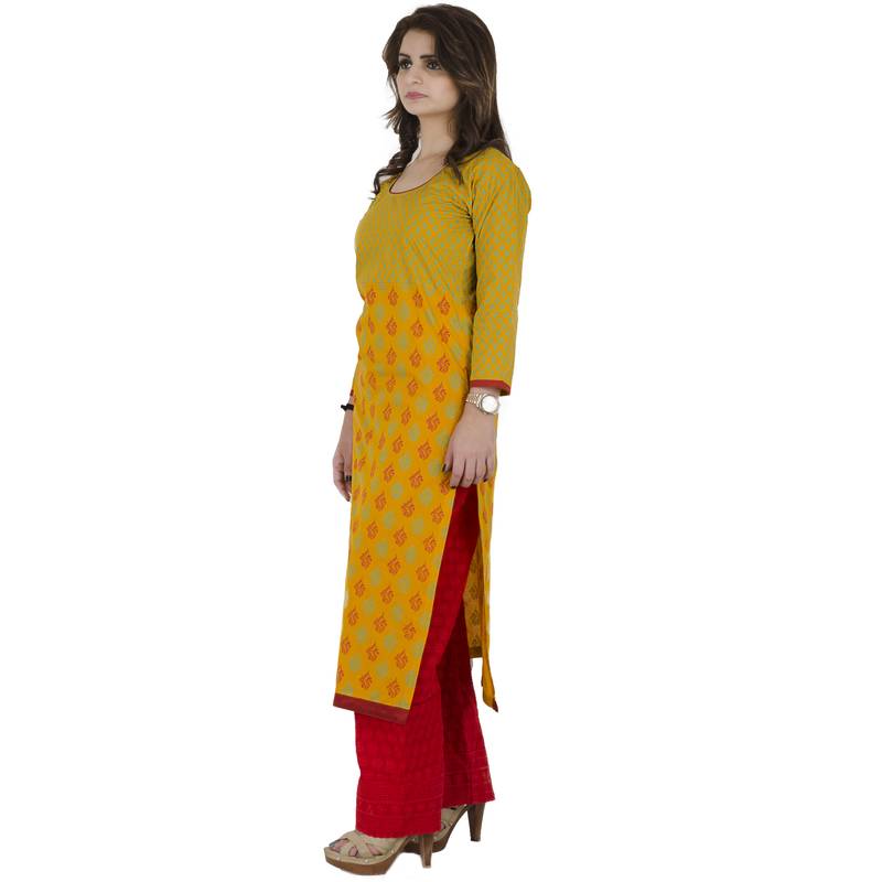 Yellow printed cotton long kurtis