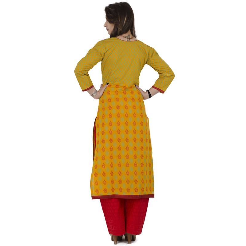 Yellow printed cotton long kurtis