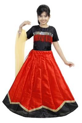 Red And Black Dupian Silk Hand Embroidery Kids Stitched Lehenga With Dupatta 1