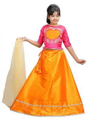 Orange Dupian Silk Hand Embroidery Kids Stitched Lehenga With Dupatta 1