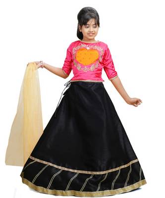 Black Dupian Silk Hand Embroidery Kids Stitched Lehenga With Dupatta 1