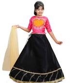 Black Dupian Silk Hand Embroidery Kids Stitched Lehenga With Dupatta