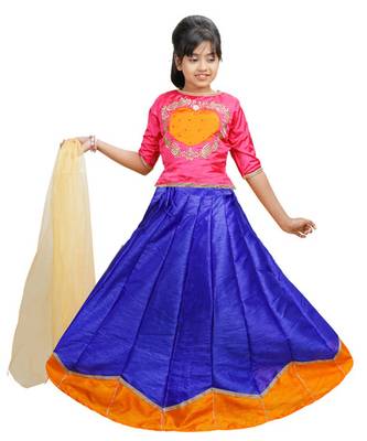 Blue And Orange Dupian Silk Hand Embroidery Kids Stitched Lehenga With Dupatta 1