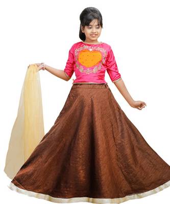 Brown Dupian Silk Hand Embroidery Kids Stitched Lehenga With Dupatta 1