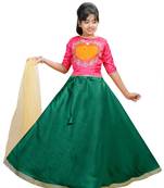 Green Dupian Silk Hand Embroidery Kids Stitched Lehenga With Dupatta