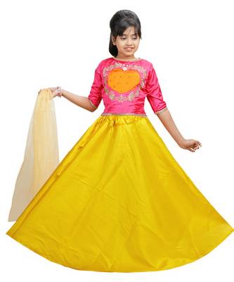 Yellow Dupian Silk Hand Embroidery Kids Stitched Lehenga With Dupatta 1