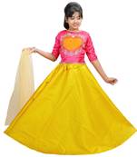 Yellow Dupian Silk Hand Embroidery Kids Stitched Lehenga With Dupatta