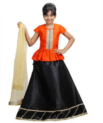 Black Dupian Silk Hand Embroidery Kids Stitched Lehenga With Dupatta 1