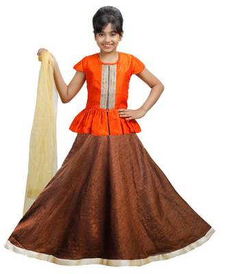 Brown Dupian Silk Hand Embroidery Kids Stitched Lehenga With Dupatta 1