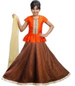 Brown Dupian Silk Hand Embroidery Kids Stitched Lehenga With Dupatta