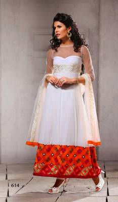 White - Orange embroidered net semi-stitched Anarkali Suit 1