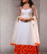 White - Orange embroidered net semi-stitched Anarkali Suit