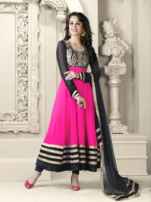 Pink - Black embroidered georgette semi stitched Anarkali Suit 1