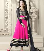 Pink - Black embroidered georgette semi stitched Anarkali Suit