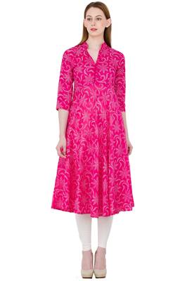 Pink printed cotton long kurtis 1